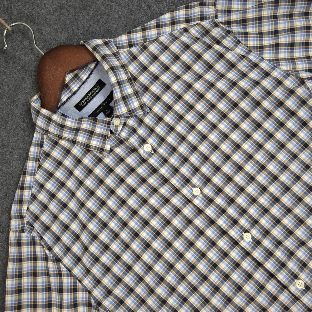 Banana Republic Custom Wash Shirt Mens Large Tailored Slim Fit Plaid Blue L